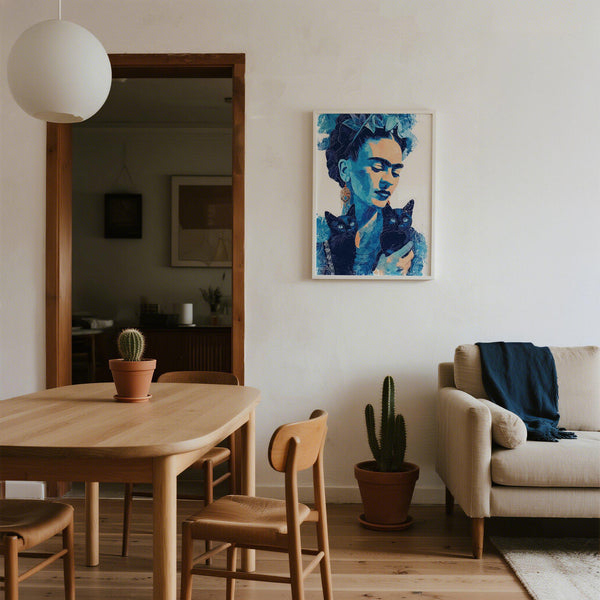 Immagine in stile artistico di Frida Kahlo dai toni blu con occhi chiusi e compagni felini.