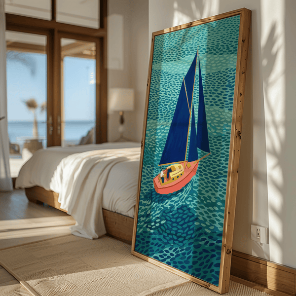 Poster colorato con barca a vela che mostra dettagli verdi e blu vivace per la stanza studio