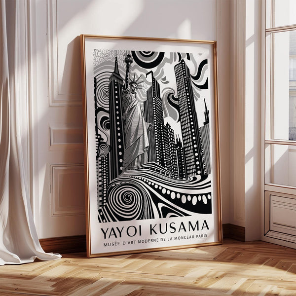 Skyline di New York reinterpretato in un'opera d'arte astratta a pois raffigurante il paesaggio urbano di New York City