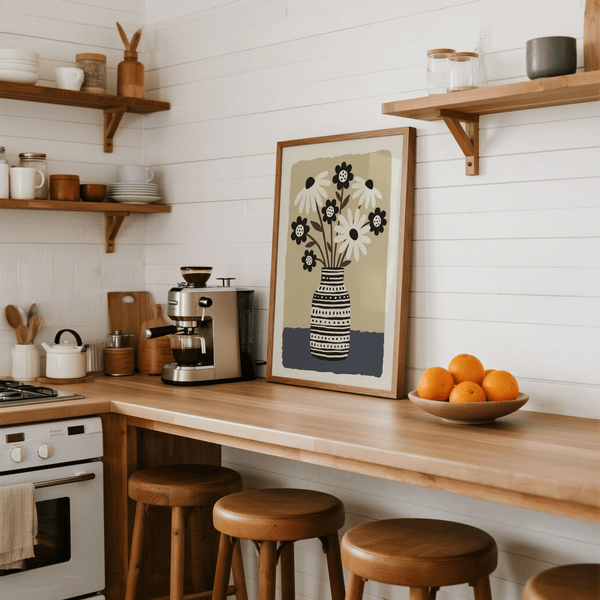 Moderno vaso da fiori da parete in grigio, beige, bianco e nero per decorare le pareti della camera da letto
