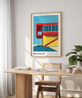 Stampa artistica moderna di metà secolo che mostra angoli nitidi e blocchi di colore ad alto contrasto.