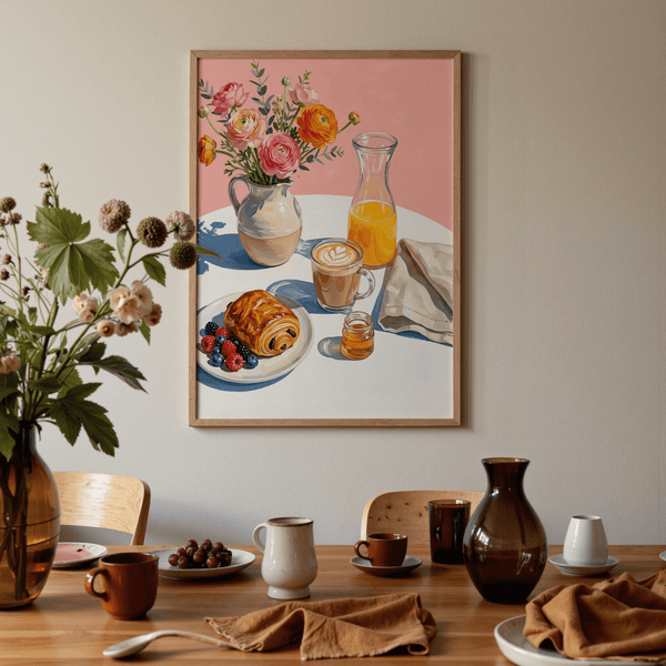 Breakfast Wall Art capturing a morning scene with yellow juice for dining room print