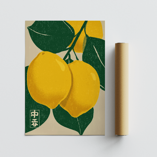 Stampa con limoni gialli e foglie verdi per decorare le pareti del corridoio