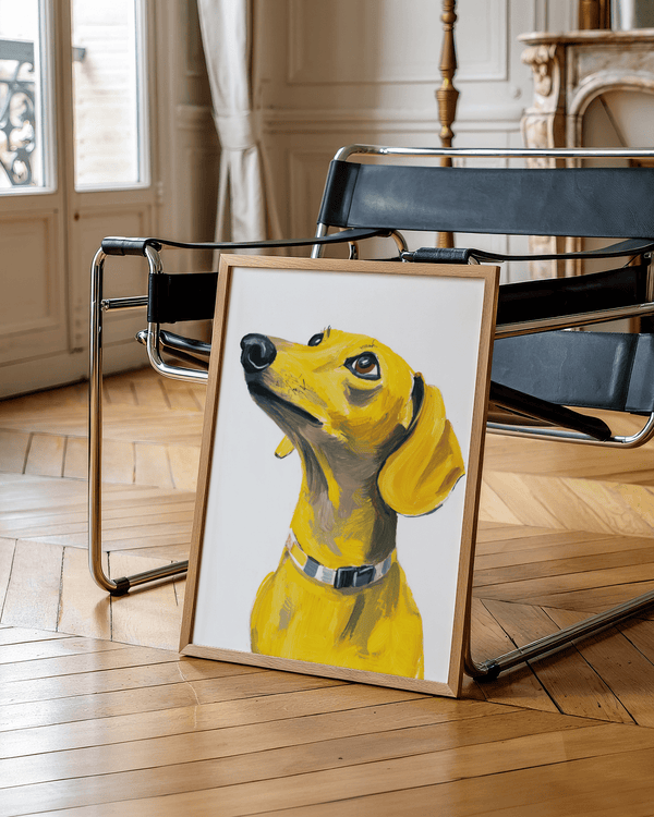 Stampa con cane bassotto in giallo, perfetta decorazione da parete per la camera da letto