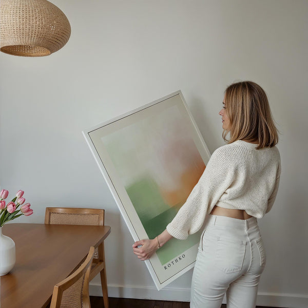 Rothko-style peaceful wall art blending warm and cool hues.