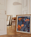 Blue Orange Wall Art with vibrant botanicals and graphic white dot clusters.