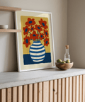 Vase Art Poster with blue vase and vibrant red flowers, for creative workspace