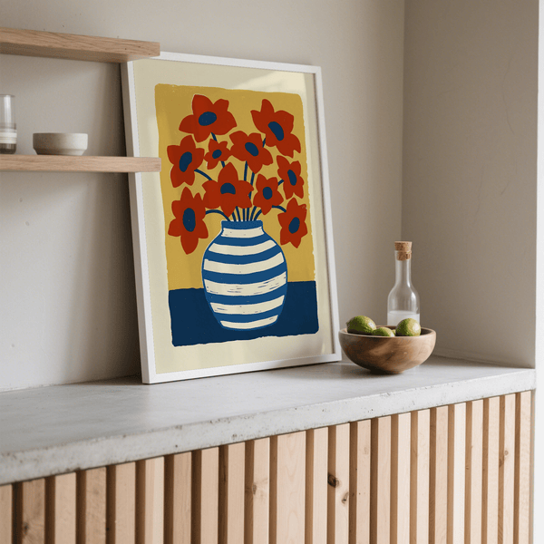 Vase Art Poster with blue vase and vibrant red flowers, for creative workspace