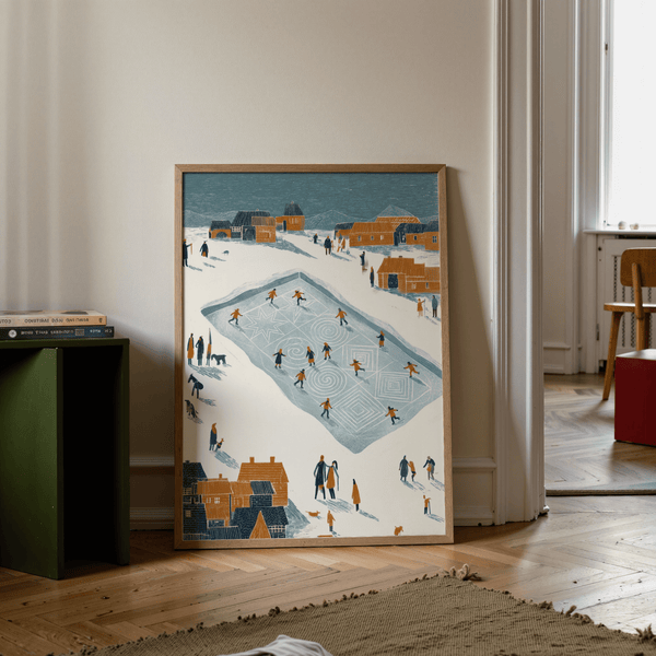 Poster decorativo con pattinatori sul ghiaccio in arancione e beige per decorare l'ingresso
