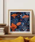 Blue Orange Wall Art with Yayoi Kusama–inspired dots and abstract floral shapes.