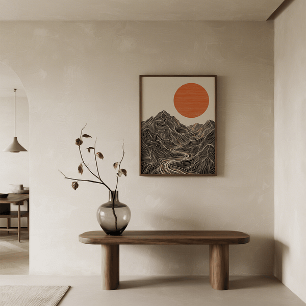 Stampa artistica minimalista astratta sulla natura, colori arancione, beige, nero, ingresso