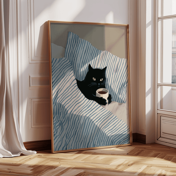 Poster artistico Cat In Bed, strisce blu e bianche, per decorare in modo creativo il tuo studio