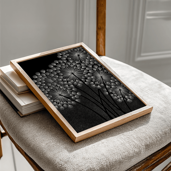 Poster monocromatico con denti di leone per sala da pranzo moderna