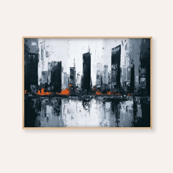 Quadro astratto con motivo urbano in grigio, nero e arancione per decorare le pareti del soggiorno