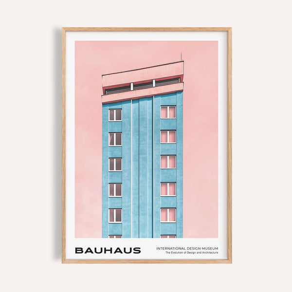 Poster stampato in colori pastello con una forte architettura in formato artistico modernista della metà del secolo.