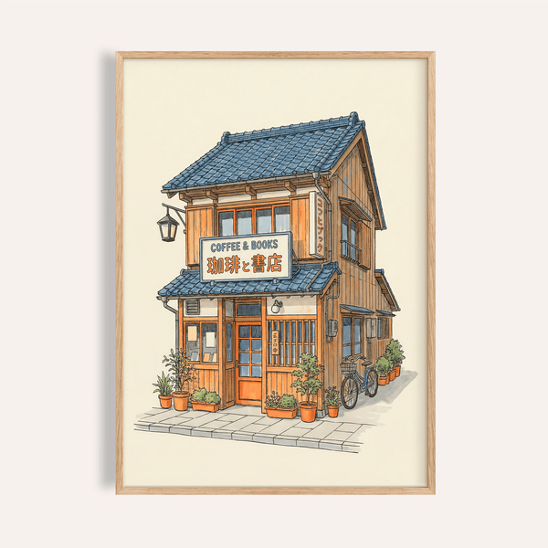 Arte giapponese da caffetteria con arancione e blu per poster da salotto