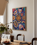 Stampa artistica a tema alimentare viola e gialla, eccellente come decorazione murale per la sala da pranzo
