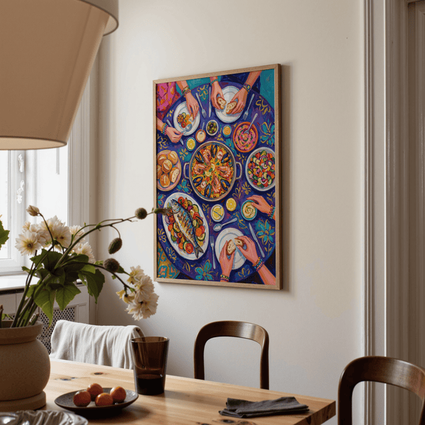 Stampa artistica a tema alimentare viola e gialla, eccellente come decorazione murale per la sala da pranzo