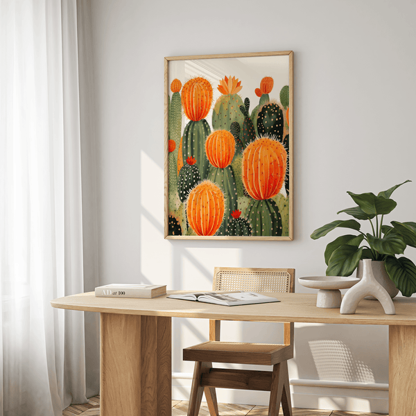 Large Cactus Wall Art featuring green and orange, ideal for hallway print
