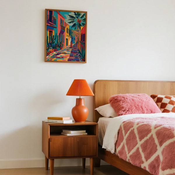 Scena di un villaggio tropicale in stile street art messicano con cactus e palme.