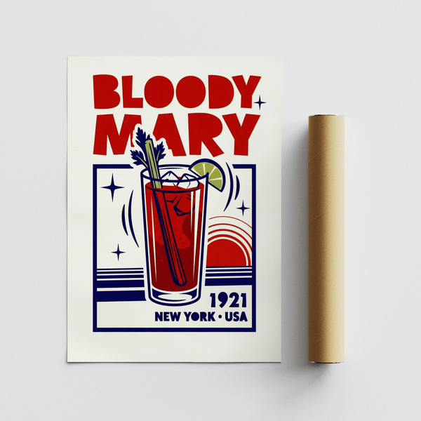 Elegante poster Bloody Mary con tonalità rosse e blu per decorare le pareti della cucina