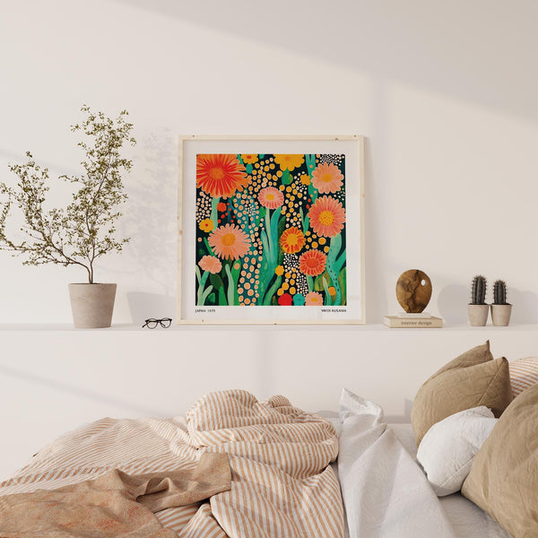 Bright flowers print with stylized blooms and dots, echoing Yayoi Kusama’s aesthetic.