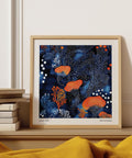 Abstract Floral Art with orange petals and Yayoi Kusama–style dot accents.