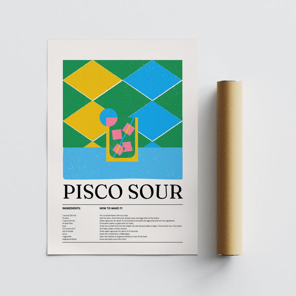 Poster con cocktail sudamericano raffigurato in un vivace disegno geometrico.