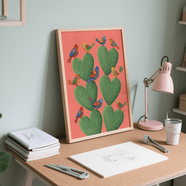 Poster colorato con cactus a forma di cuore per decorare l'ingresso