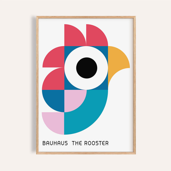 Poster artistico con motivo geometrico raffigurante un colorato gallo in stile Bauhaus