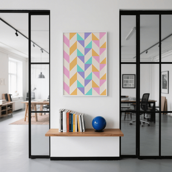 Stampa con motivi geometrici in rosa e blu, perfetta per decorare le pareti della cameretta dei bambini