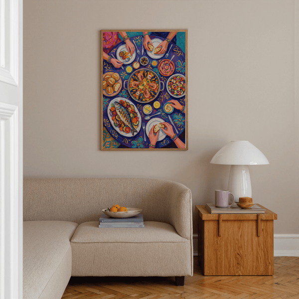 Stampa artistica Kitchen Food in tonalità blu, giallo e viola, poster per la casa