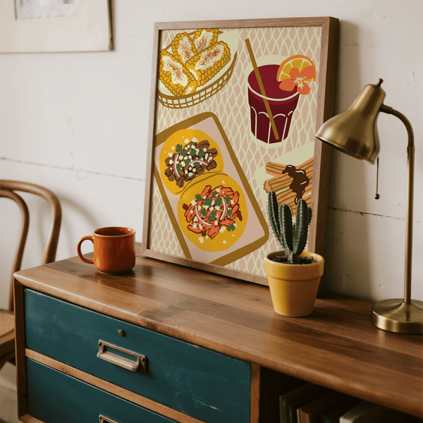 Stampa artistica di cibo messicano in arancione e giallo, perfetta come poster da cucina