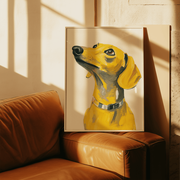 Stampa con cane bassotto in giallo e bianco per decorare le pareti di un ingresso moderno