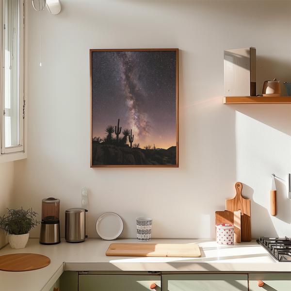 Cactus Night Print art poster with starlit desert, Black, Pink, Purple, Yellow for study