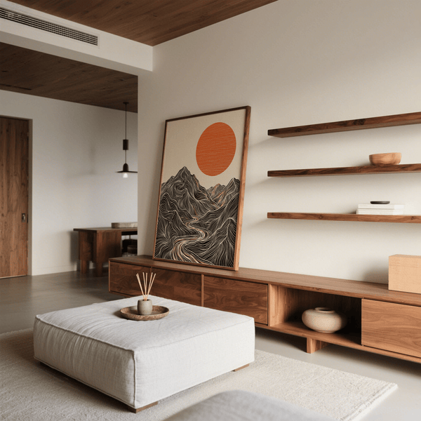 Sole arancione e linee fluide Arte astratta della natura per la parete della camera da letto