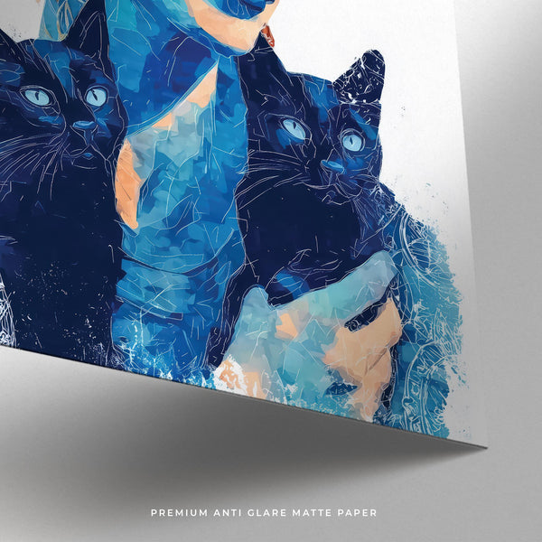 Immagine in stile artistico Frida Kahlo per arredamenti minimalisti con gatti e colori tenui.