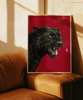 Elegant Wildlife Wall Art with black panther and red background, suitable for hallway