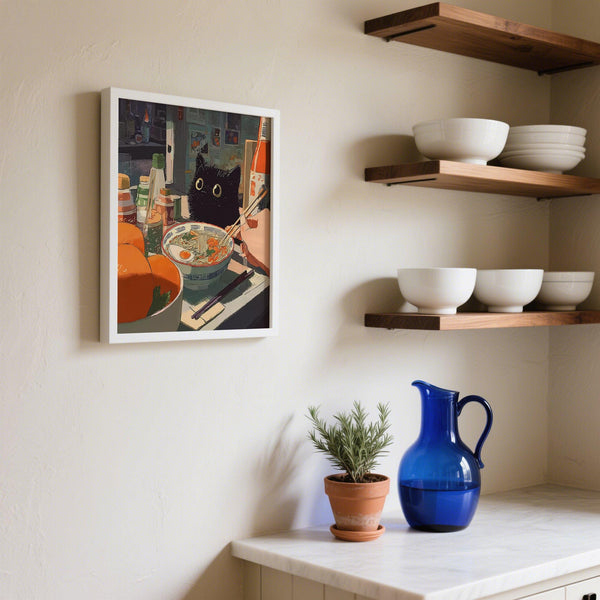 Illustrated ramen shop with detailed food scene in ramen wall art print.