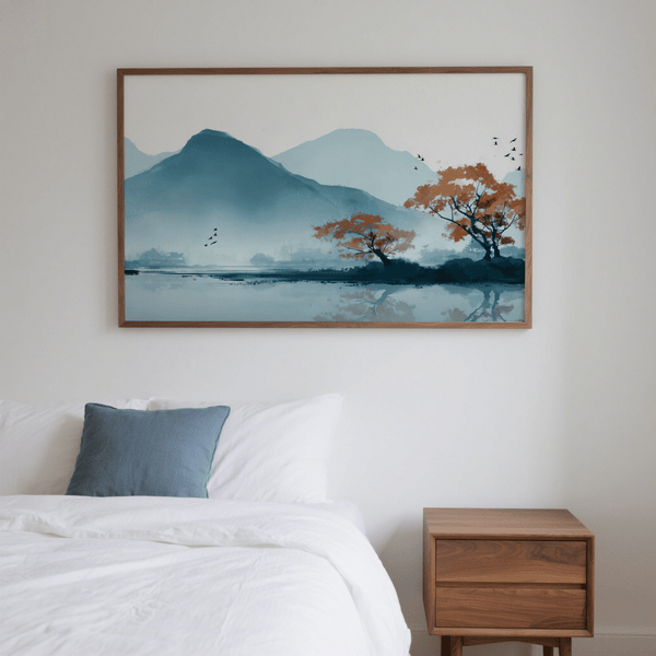 Stampa artistica naturale con fogliame arancione e montagne blu per la sala da pranzo