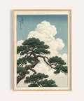 Poster paesaggio giapponese con pini verdi e nuvole bianche per decorare le pareti del soggiorno