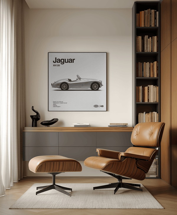 Stampa artistica Jaguar XK120 come sofisticata decorazione da parete in grigio e nero per il salotto