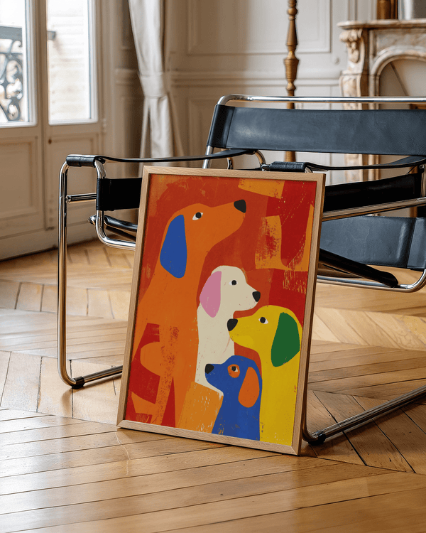 Stampa colorata con cane arancione, blu e giallo per decorazioni murali per bambini