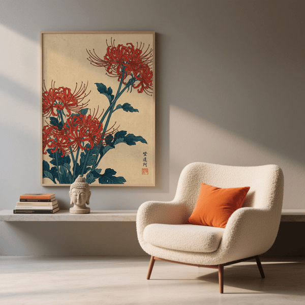 Decorazione murale floreale giapponese con colori blu e rosso, perfetta per l'ambiente di lavoro