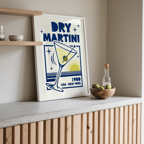 Dry Martini Wall Art cocktail-themed wall art in yellow and blue for bar