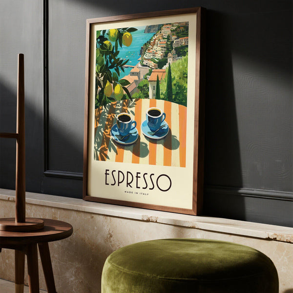 Dipinto di cucina italiana con terrazza soleggiata e scena del caffè