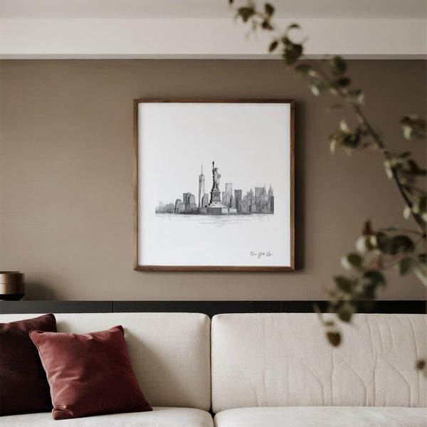 Poster artistico quadrato Statua della Libertà stampa paesaggio urbano minimalista