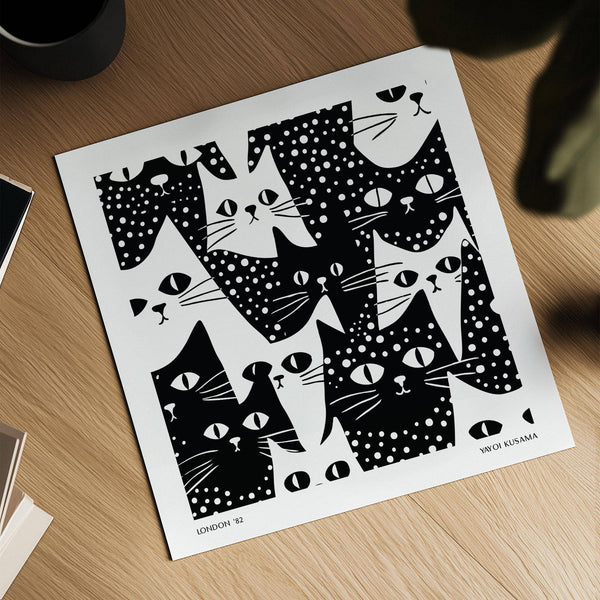 Quirky cat art black and white with dots for contemporary interiors