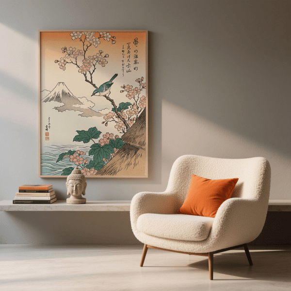 Poster artistico giapponese con fiori di ciliegio rosa e riflessi blu per l'ingresso