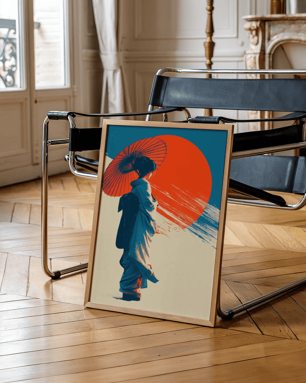Poster Pop Art giapponese con geisha, tonalità blu, sole rosso e sfondo beige, ideale per la camera da letto.
